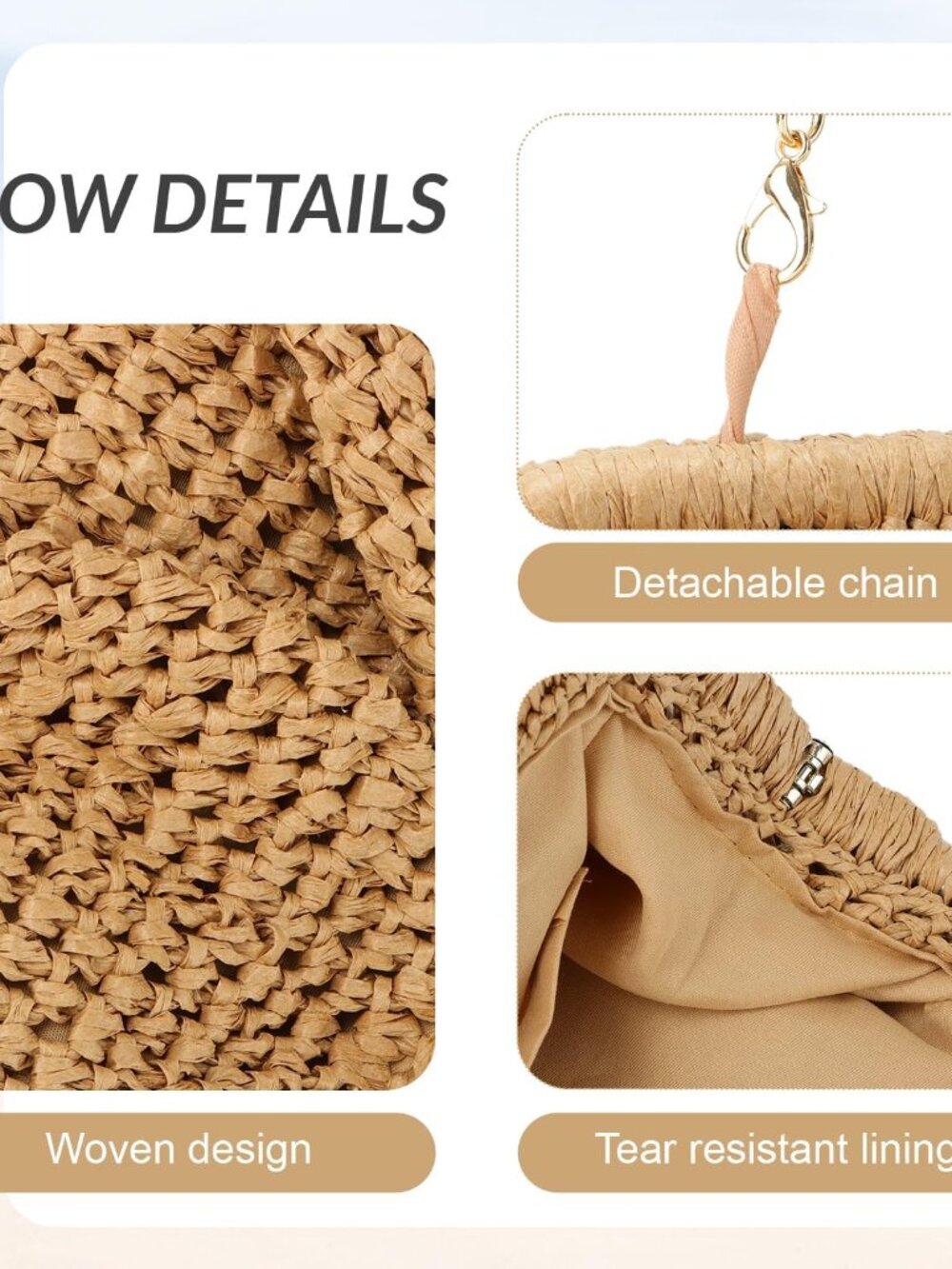 Straw Clutch Purses for Women Woven Dumpling Bag Summer Beach Clutch Wicker Cros - Picture 6 of 7